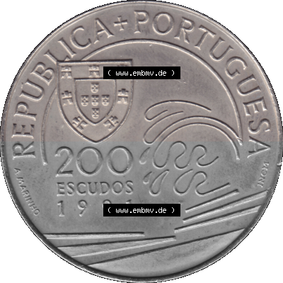 Alte Gedenkmünze aus Portugal als PNG-Grafik 1991, 200 Escudos, Colombo E Portugal 1476-1485 Sammlung