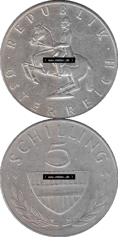 5 / Fünf Schilling Österreich in original Farbgebung von Scanner transparenten PNG 1960-1968, 5 Fünf Schilling 1960 (Stück... Sammlung