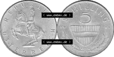 5 / Fünf Schilling Österreich in s/w Schwarzweiß bzw. Graustufen Farbgebung von Scanner transparenten PNG 1960-1968, 5 Fünf... Sammlung