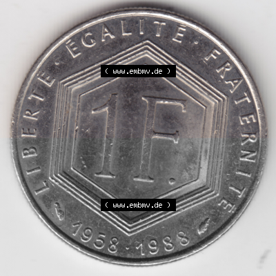 Münze Frankreich Umlaufmünzen Sammlung in PNG 1988-1988, 1 Francs, Franken 1988 (1) - Digitales Münzen-Bildmaterial einer französischen... Sammlung