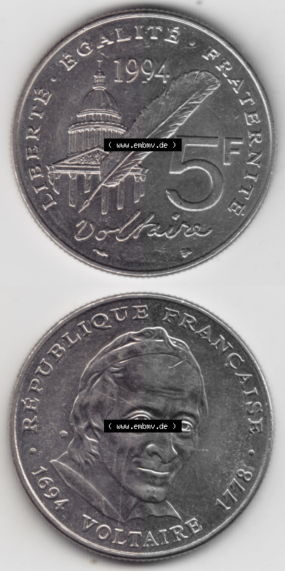 Münze Frankreich Umlaufmünzen Sammlung in PNG 1994-1994, 5 Francs Liberte Egalite Fraternite (4) - Digitales Münzen-Bildmaterial... Sammlung