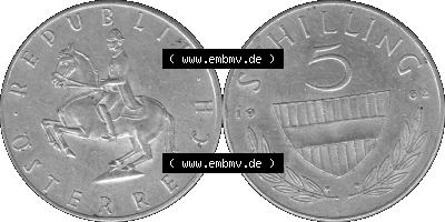 5 / Fünf Schilling Österreich in s/w Schwarzweiß bzw. Graustufen Farbgebung von Scanner transparenten PNG 1960-1968, 5 Fünf... Sammlung