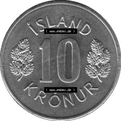 Island Umlaufmünze 1967-1980, 10 Krönur, Zehn Kronen 1974 (Stück 1) Graustufen Sammlung