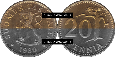 Alte Münzen KMS Finnland, Kursmünzensatz 1980 in Stempelglanz als digitales Computerbild in transparenten PNG 1963-1990, 20... Sammlung