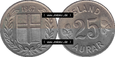 Island Umlaufmünze 1946-1967 25 Aurar 1967 Sammlung