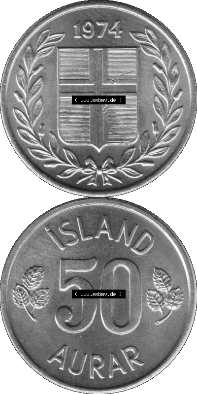 Island Umlaufmünze 1969-1974, 50 Aurar, Fünfzig Aura 1974 (Stück 1) Graustufen Sammlung