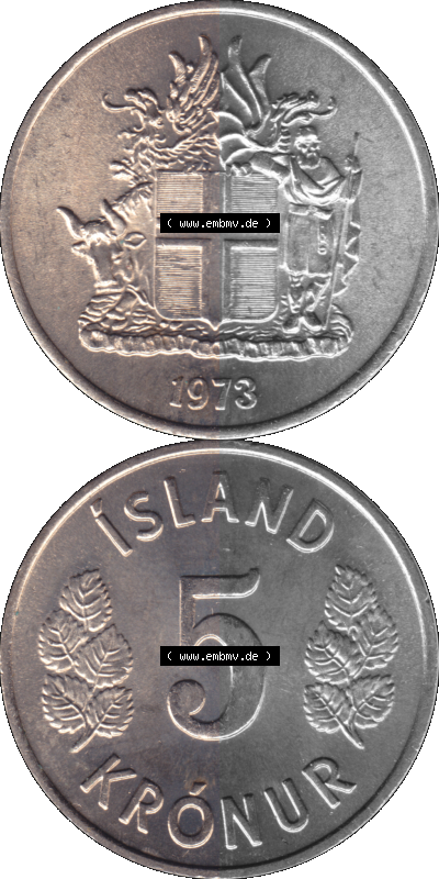 Alte Münze 'Island Umlaufmünze 1969-1980, 5 Kronur, Fünf Kronen 1973 (Stück 1). Vorderseite und Rückseite der Münze, Umlaufmünze... Sammlung