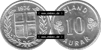 Island Umlaufmünze 1970-1974, 10 Aurar, Zehn Aura 1974 (Stück 1) Graustufen Sammlung