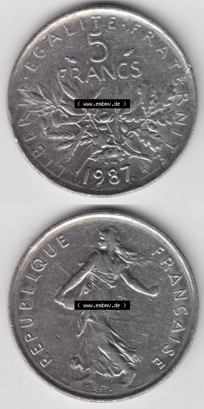 Münze Frankreich Umlaufmünzen Sammlung in PNG 1970-2001, 5 Francs Liberte Egalite Fraternite (4) - Digitales Münzen-Bildmaterial... Sammlung
