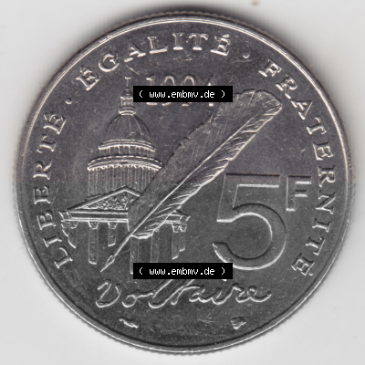 Münze Frankreich Umlaufmünzen Sammlung in PNG 1994-1994, 5 Francs Liberte Egalite Fraternite (1) - Digitales Münzen-Bildmaterial... Sammlung