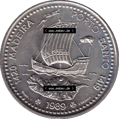 'Alte Gedenkmünze aus Portugal als PNG-Grafik 1989, 100 Escudos, 1420 Madeira Porto Santo 1419. Rückseite der portugiesischen... Sammlung