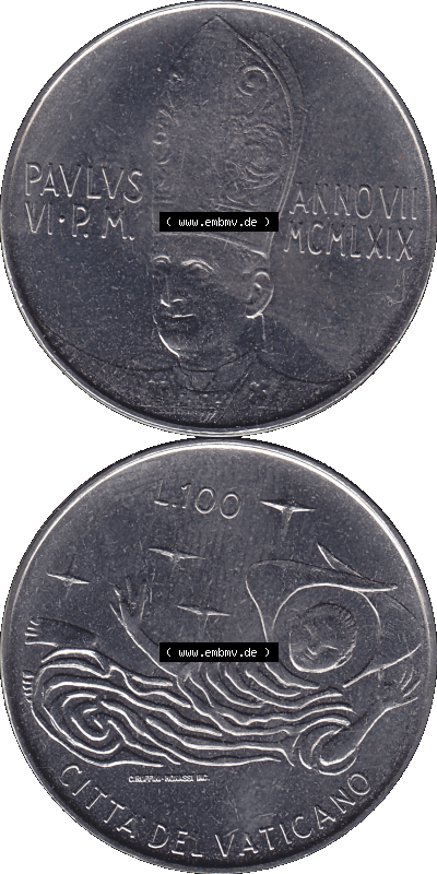 Alte Münze aus der Vatikanstadt / Vatikan als PNG-Grafik 1969-1969, 100 Hundert Lire, mit Engel-Darstellung Papst Paul VI. 1969 Sammlung