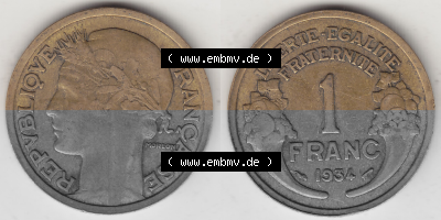 Münze Frankreich Umlaufmünzen Sammlung in PNG 1931-1941, 1 Franken, 1 Franc, 1934 (Stück 1) LIBERTE EGALITE FRATERNITE (3)... Sammlung