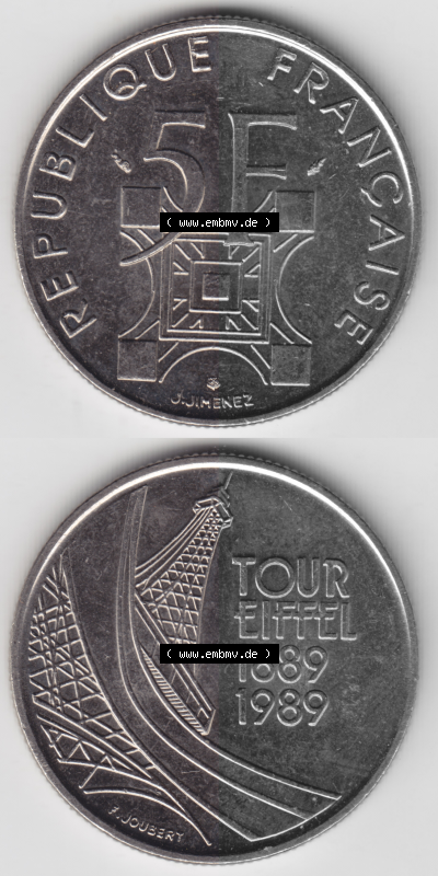 Münze Frankreich Umlaufmünzen Sammlung in PNG 1989-1989, 5 Francs Franken Eiffelturm (4) - Digitales Münzen-Bildmaterial einer... Sammlung