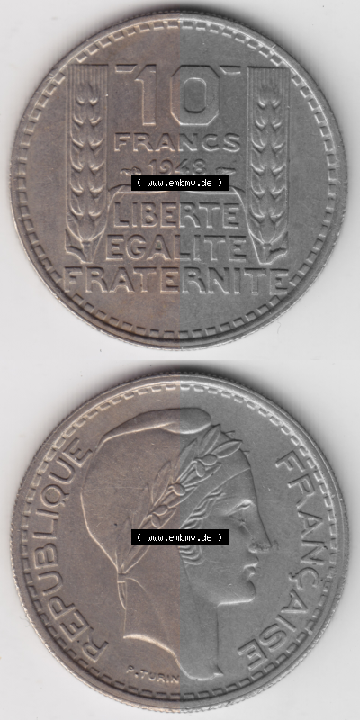 Münze Frankreich Umlaufmünzen Sammlung in PNG 1947-1949, 10 Francs, Franken 1948 (4) - Digitales Münzen-Bildmaterial einer... Sammlung