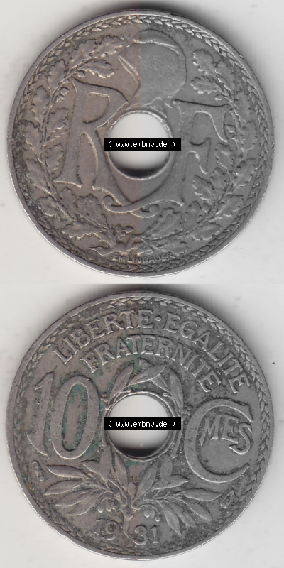 Münze Frankreich Umlaufmünzen Sammlung in PNG 1917-1938, 10 Centimes, RF - Frankreich 10 CMES EGALITÉ FRATERNITÉ LIBERTÉ... Sammlung