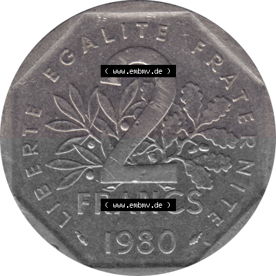 Münze Frankreich Umlaufmünzen Sammlung in PNG 1979-2001, 2 Francs Säerin Semeuse 1980 (Stück 1) (5) - Digitales Münzen-Bildmaterial... Sammlung