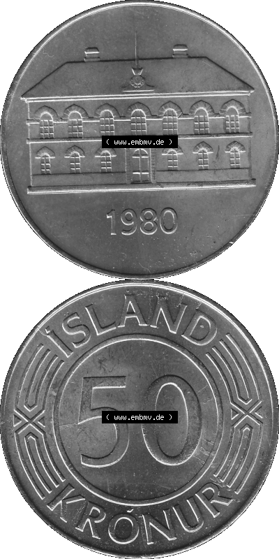Island Umlaufmünze 1970-1980, 50 Kronur 1980 (Stück 1), 50 Isländische Kronen Graustufen Sammlung