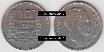 Münze Frankreich Umlaufmünzen Sammlung in PNG 1947-1949, 10 Francs, Franken 1948 (3) - Digitales Münzen-Bildmaterial einer... Sammlung