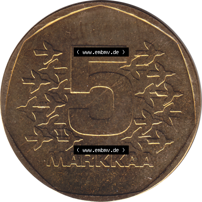 Münze Finnland / SUOMI Umlaufmünzen Sammlung in PNG 1972-1978, 5 Finnische Mark, Markkaa 1976 (Stück 1), SUOMI FINLAND (6)... Sammlung