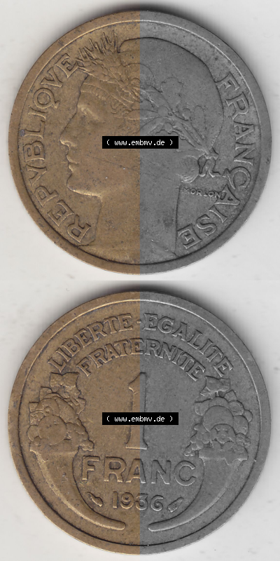 Münze Frankreich Umlaufmünzen Sammlung in PNG 1931-1941, 1 Franken, 1 Franc, 1936 (Stück 1) LIBERTE EGALITE FRATERNITE (4)... Sammlung