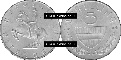 5 / Fünf Schilling Österreich in s/w Schwarzweiß bzw. Graustufen Farbgebung von Scanner transparenten PNG 1960-1968, 5 Fünf... Sammlung