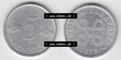Münze Finnland / SUOMI Umlaufmünzen Sammlung in PNG 1977-1990, 5 Penniä 1979 (3) - Digital Münzen-Bildmaterial einer Münze... Sammlung