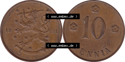 Münze Finnland / SUOMI Umlaufmünzen Sammlung in PNG 1919-1940, 10 Penny, Penniä 1931 (7) - Digital Münzen-Bildmaterial einer... Sammlung