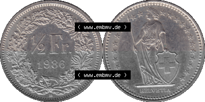 Schweiz in original Farbgebung vom Scanner transparenten PNG 1983-Heute, 1/2 (halber) Franken B 1986 (Stück 1) Sammlung