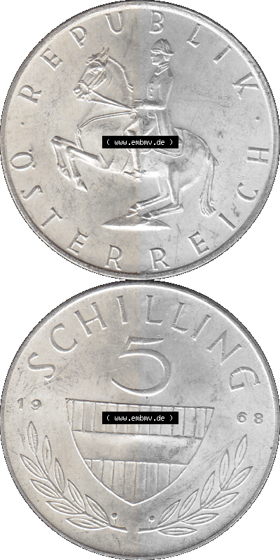5 / Fünf Schilling Österreich in original Farbgebung von Scanner transparenten PNG 1960-1968, 5 Fünf Schilling 1968 (Stück... Sammlung