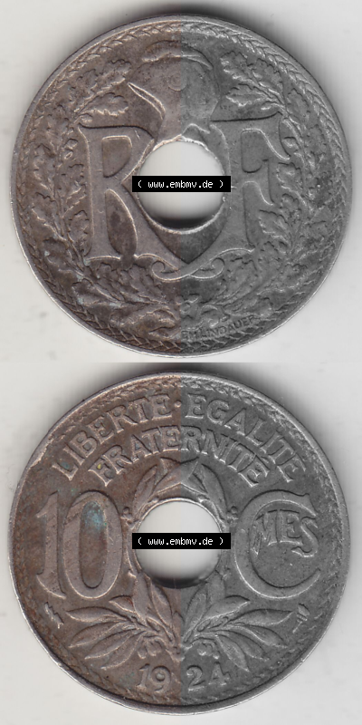 Münze Frankreich Umlaufmünzen Sammlung in PNG 1917-1938, 10 Centimes, 10 CMES EGALITÉ FRATERNITÉ LIBERTÉ 1924 (Stück 2)... Sammlung