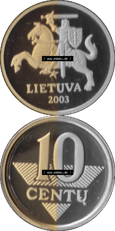 Litauen Kursmünzensatz 1997-2014, 10 Centu 2003 (Stück 1), Digitales Münzen-Bildmaterial der Münze aus Litauen Sammlung