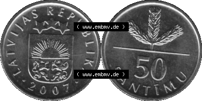 Lettland Umlaufmünze 1992-2009, 50 Santimu 2007 (Stück 1), VS Staatswappen, RS. Wert-Zahl Graustufen Sammlung