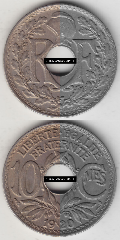 Münze Frankreich Umlaufmünzen Sammlung in PNG 1917-1938, 10 Centimes, 10 CMES EGALITÉ FRATERNITÉ LIBERTÉ 1920 (Stück 2)... Sammlung