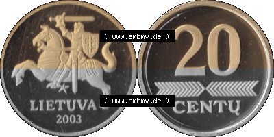 Litauen Kursmünzensatz 1997-2014, 20 Centu 2003 (Stück 1), VS. Ritter mit Pferd, RS. Wert-Zahl, Digitales Münzen-Bildmaterial... Sammlung