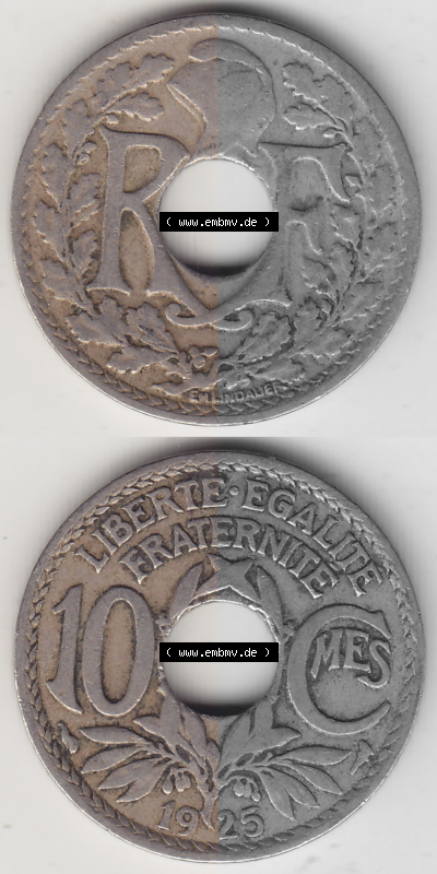 Münze Frankreich Umlaufmünzen Sammlung in PNG 1917-1938, 10 Centimes - Cmes 1925 (4) - Digitales Münzen-Bildmaterial einer... Sammlung
