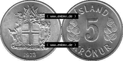 Island Umlaufmünze 1969-1980, 5 Kronur, Fünf Kronen 1973 (Stück 1) Graustufen Sammlung
