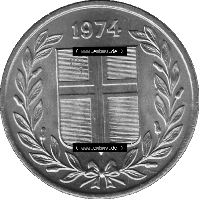 Island Umlaufmünze 1969-1974, 50 Aurar 1974 (Stück 1), 50 Isländische Aurar Graustufen Sammlung