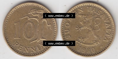 Münze Finnland / SUOMI Umlaufmünzen Sammlung in PNG 1963-1982, 10 Penniä (3) - Digital Münzen-Bildmaterial einer Münze aus... Sammlung