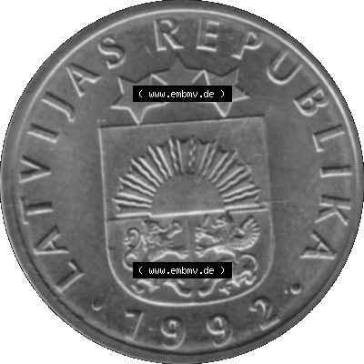 Lettland Umlaufmünze 1992-2008, 10 Santimu 1992 (Stück 1), VS Staatswappen, RS. Wert-Zahl Graustufen Sammlung