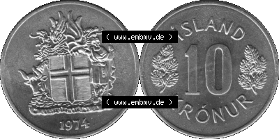 Island Umlaufmünze 1967-1980, 10 Krönur, Zehn Kronen 1974 (Stück 1) Graustufen Sammlung