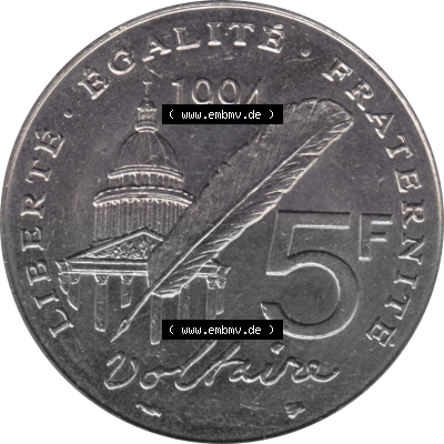 Münze Frankreich Umlaufmünzen Sammlung in PNG 1994-1994, 5 Francs Liberte Egalite Fraternite 1994 (Stück 1) (5) - Digitales... Sammlung