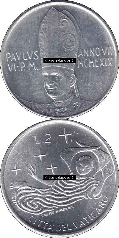 Alte Münze aus der Vatikanstadt / Vatikan als PNG-Grafik 1969-1969, 2 Zwei Lire, mit Engel-Darstellung Papst Paul VI. 1969 Sammlung