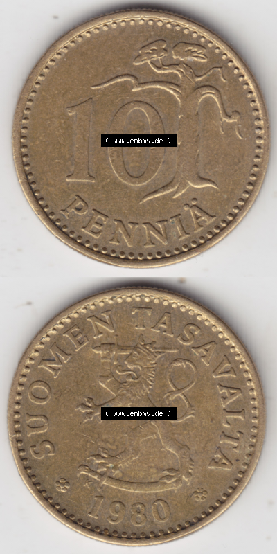 Münze Finnland / SUOMI Umlaufmünzen Sammlung in PNG 1963-1982, 10 Penniä 1980 (4) - Digital Münzen-Bildmaterial einer Münze... Sammlung