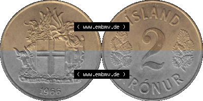 Island Umlaufmünze 1958-1966, 2 KR Kronur, Kronen 1966 Sammlung