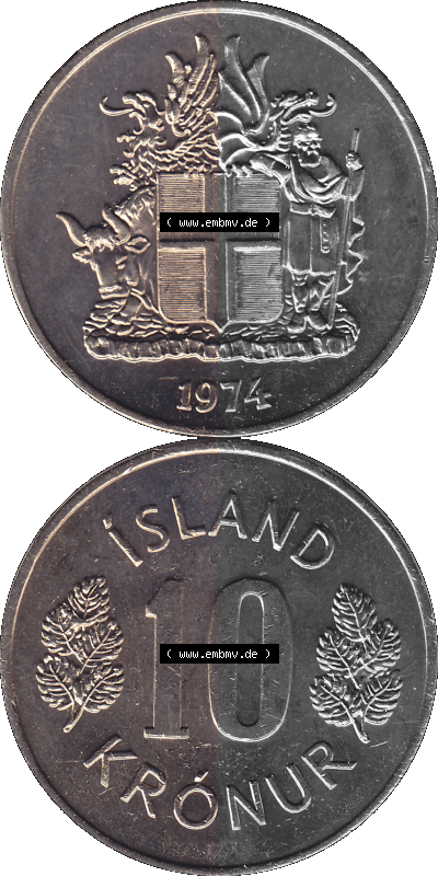 Island Umlaufmünze 1967-1980, 10 Kronur 1974 (Stück 1), 10 Isländische Kronen Sammlung