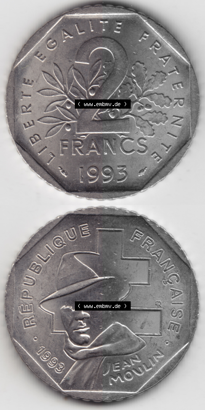 Münze Frankreich Umlaufmünzen Sammlung in PNG 1993-1993, 2 Francs Jean Moulin (4) - Digitales Münzen-Bildmaterial einer französischen... Sammlung