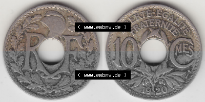 Münze Frankreich Umlaufmünzen Sammlung in PNG 1917-1938, 10 Centimes - Cmes 1920 (3) - Digitales Münzen-Bildmaterial einer... Sammlung