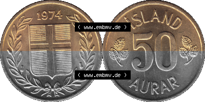 Island Umlaufmünze 1969-1974, 50 Aurar 1974 (Stück 1), 50 Isländische Aurar Sammlung