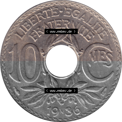Münze Frankreich Umlaufmünzen Sammlung in PNG 1917-1938, 10 Centimes, Cent 1936 (Stück 1) (5) - Digitales Münzen-Bildmaterial... Sammlung